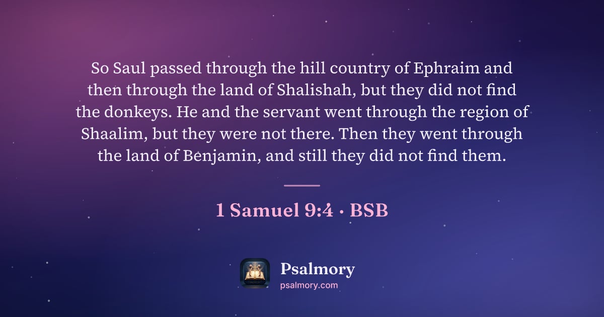 1 Samuel 9:4 verse artwork: So Saul passed through the hill country of Ephraim and then through the land of…