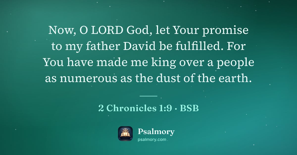 2 Chronicles 1:9 verse artwork: Now, O LORD God, let Your promise to my father David be fulfilled. For You have made me…