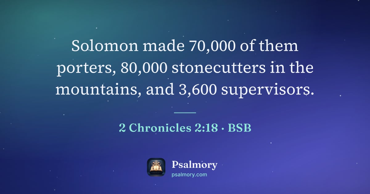 2 Chronicles 2:18 verse artwork: Solomon made 70,000 of them porters, 80,000 stonecutters in the mountains, and 3,600…