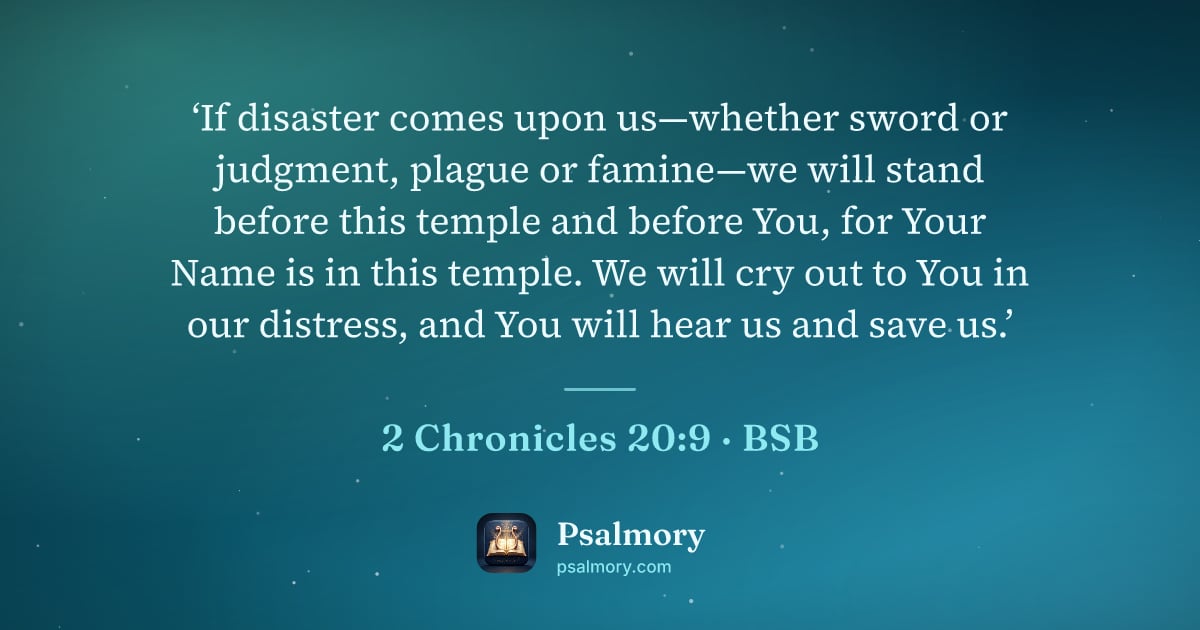 2 Chronicles 20:9 verse artwork: ‘If disaster comes upon us—whether sword or judgment, plague or famine—we will stand…