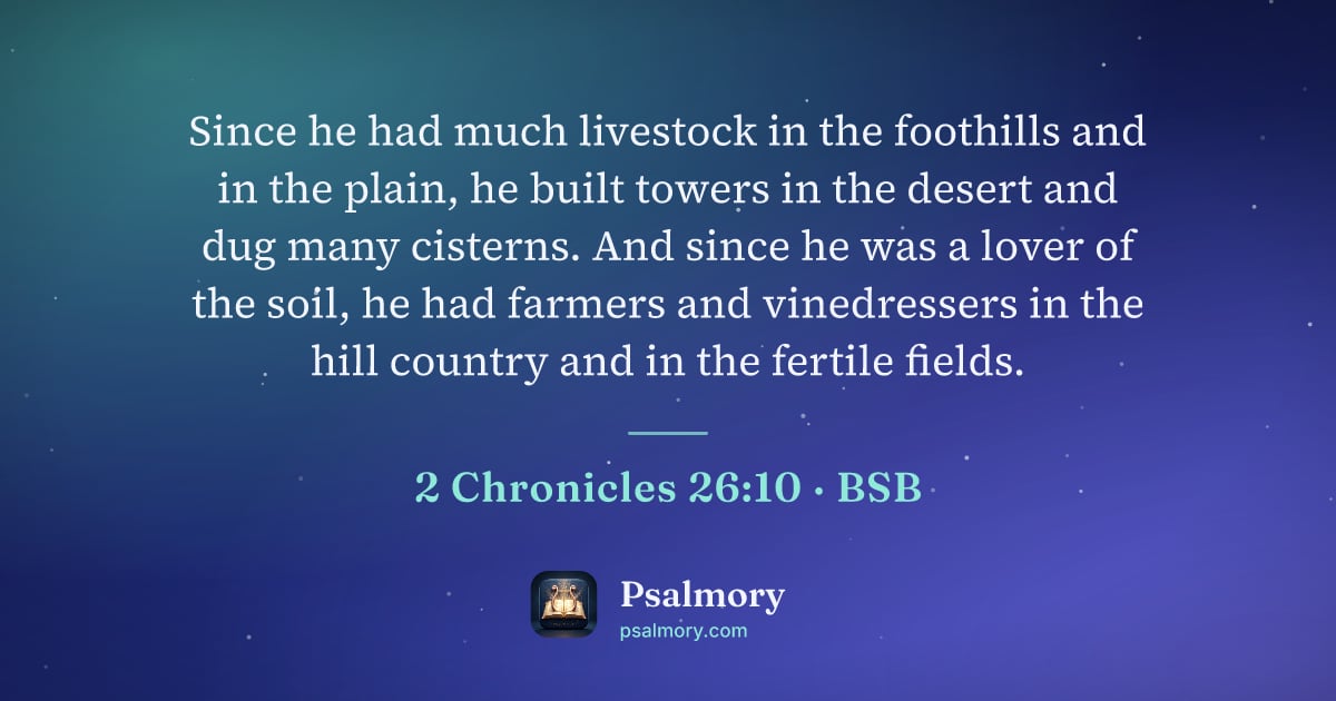 2 Chronicles 26:10 verse artwork: Since he had much livestock in the foothills and in the plain, he built towers in the…