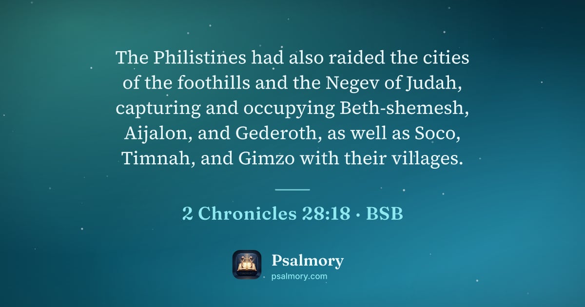 2 Chronicles 28:18 verse artwork: The Philistines had also raided the cities of the foothills and the Negev of Judah,…