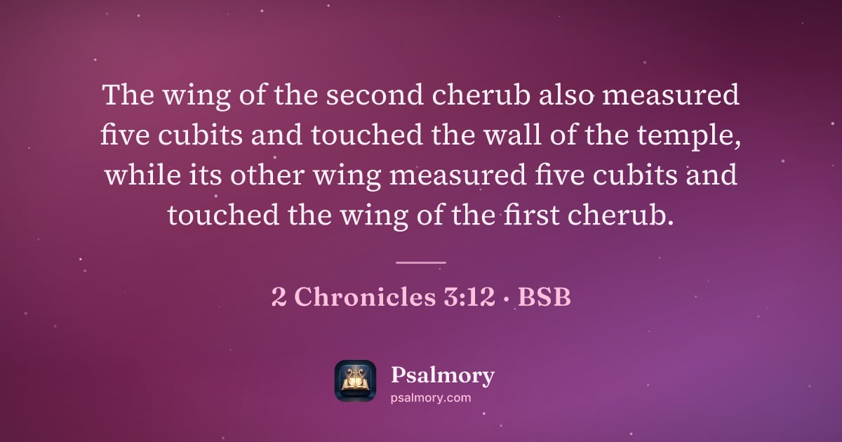 2 Chronicles 3:12 verse artwork: The wing of the second cherub also measured five cubits and touched the wall of the…