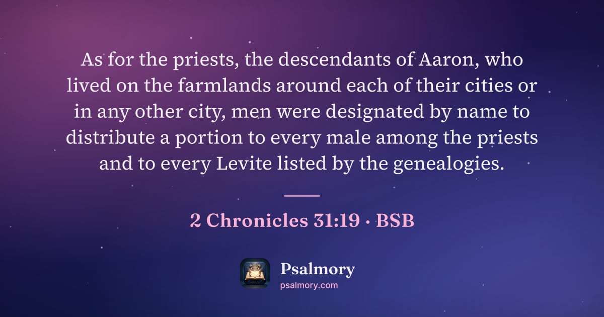2 Chronicles 31:19 verse artwork: As for the priests, the descendants of Aaron, who lived on the farmlands around each of…