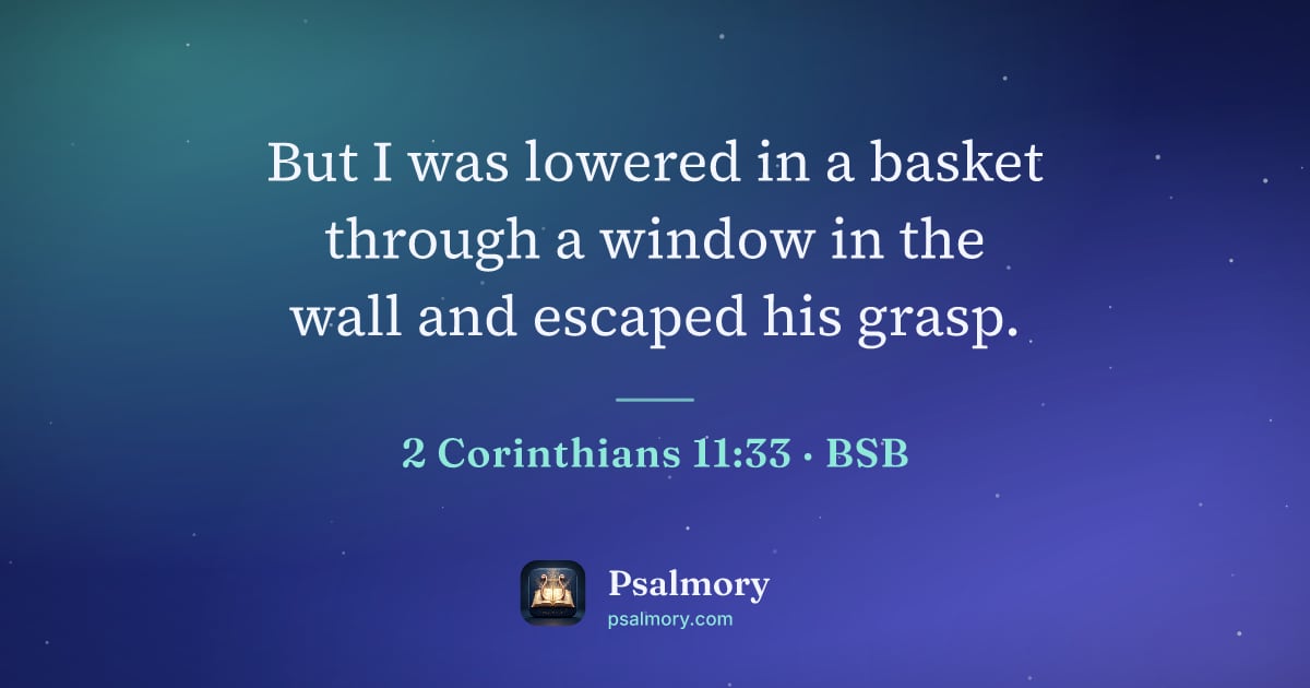 2 Corinthians 11:33 verse artwork: But I was lowered in a basket through a window in the wall and escaped his grasp.