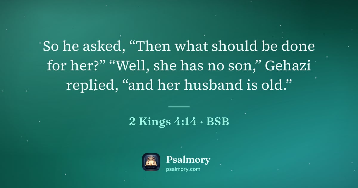 2 Kings 4:14 verse artwork: So he asked, “Then what should be done for her?” “Well, she has no son,” Gehazi replied,…