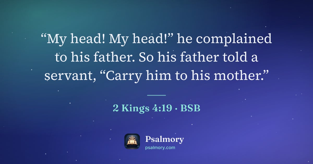 2 Kings 4:19 verse artwork: “My head! My head!” he complained to his father. So his father told a servant, “Carry…