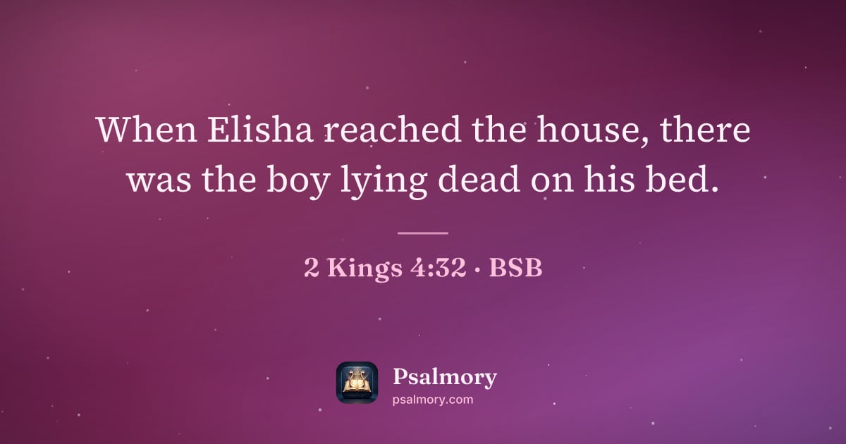 2 Kings 4:32 verse artwork: When Elisha reached the house, there was the boy lying dead on his bed.