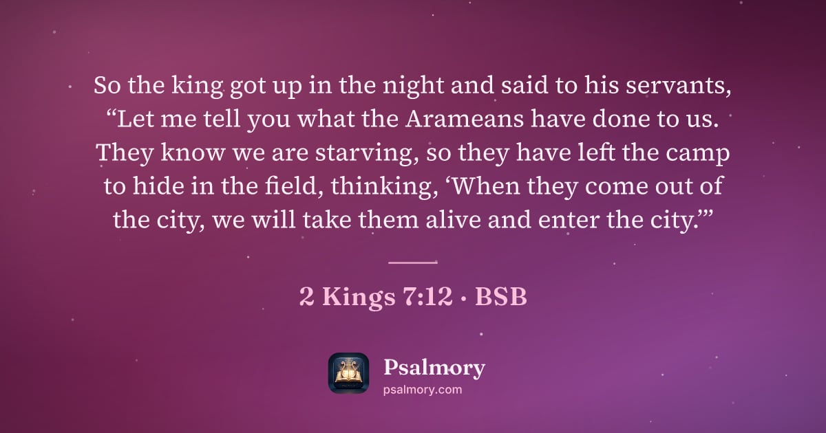 2 Kings 7:12 verse artwork: So the king got up in the night and said to his servants, “Let me tell you what the…