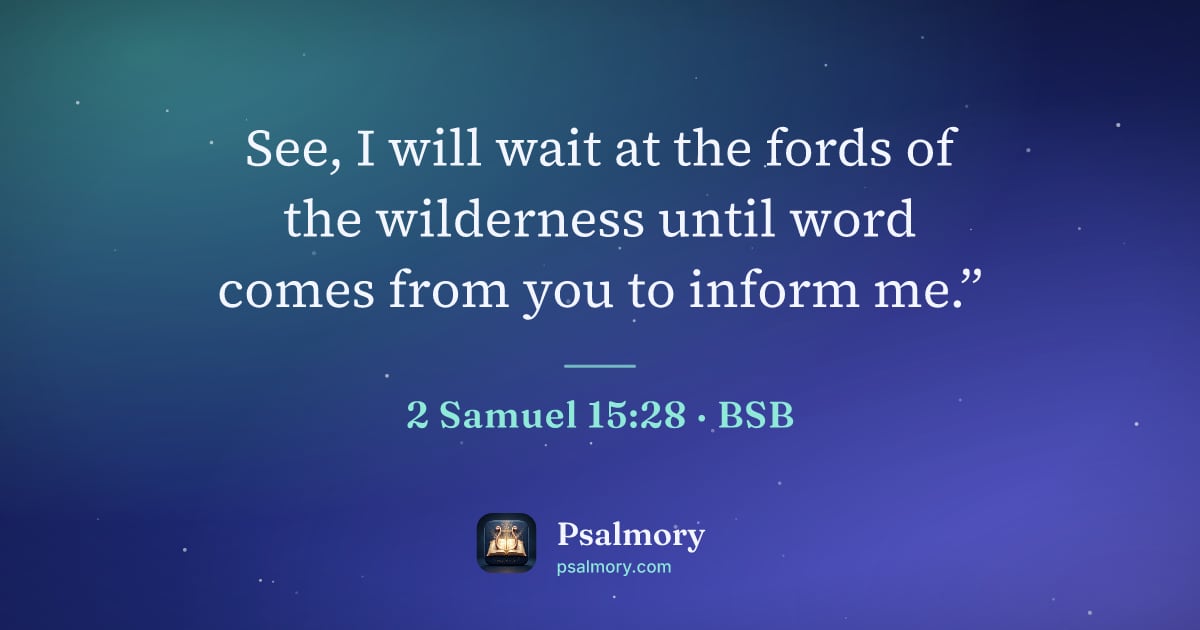 2 Samuel 15:28 verse artwork: See, I will wait at the fords of the wilderness until word comes from you to inform me.”