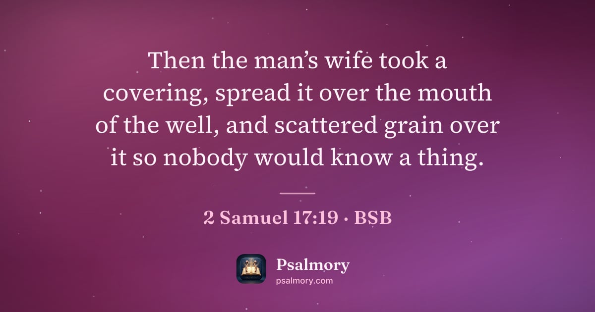 2 Samuel 17:19 verse artwork: Then the man’s wife took a covering, spread it over the mouth of the well, and scattered…