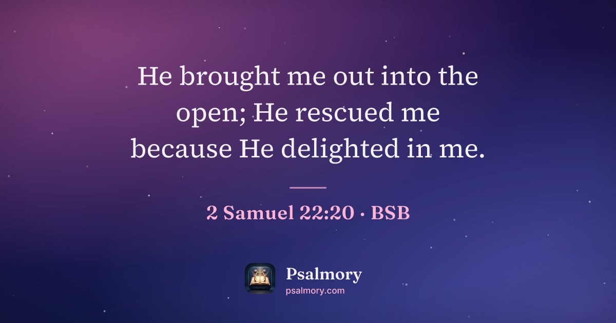 2 Samuel 22:20 verse artwork: He brought me out into the open; He rescued me because He delighted in me.