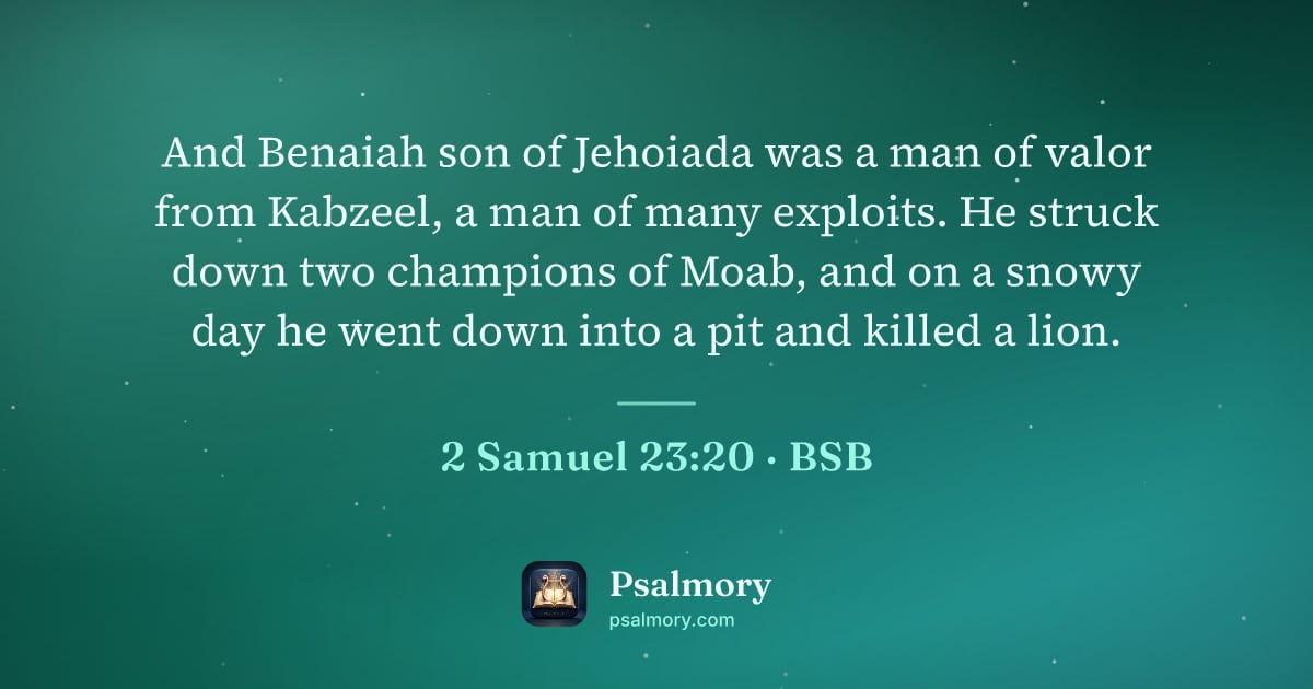 2 Samuel 23:20 verse artwork: And Benaiah son of Jehoiada was a man of valor from Kabzeel, a man of many exploits. He…