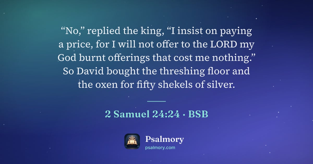 2 Samuel 24:24 verse artwork: “No,” replied the king, “I insist on paying a price, for I will not offer to the LORD my…