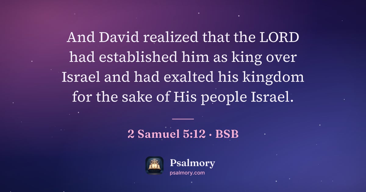 2 Samuel 5:12 verse artwork: And David realized that the LORD had established him as king over Israel and had exalted…
