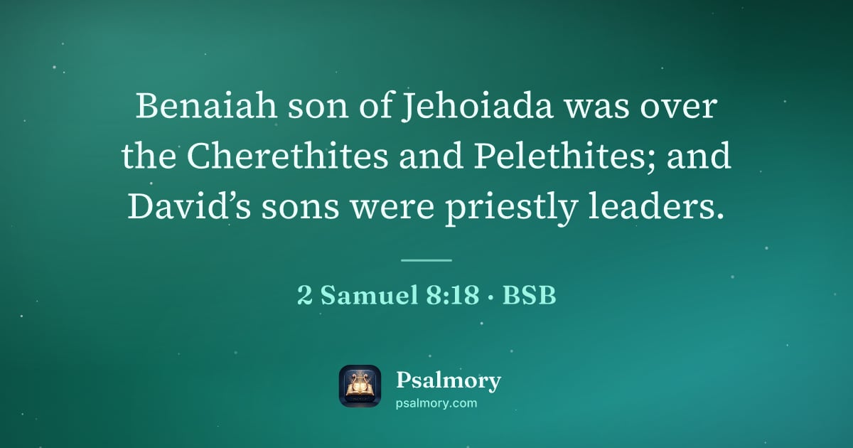 2 Samuel 8:18 verse artwork: Benaiah son of Jehoiada was over the Cherethites and Pelethites; and David’s sons were…