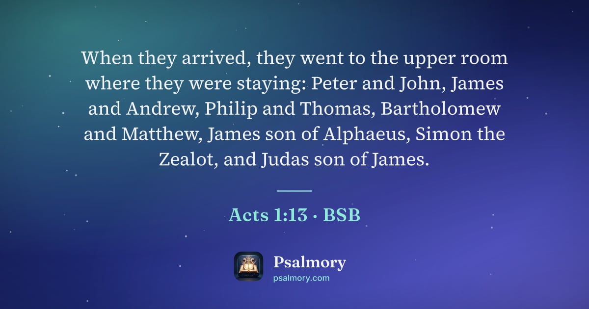 Acts 1:13 verse artwork: When they arrived, they went to the upper room where they were staying: Peter and John,…