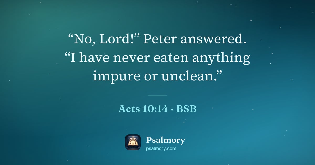 Acts 10:14 verse artwork: “No, Lord!” Peter answered. “I have never eaten anything impure or unclean.”