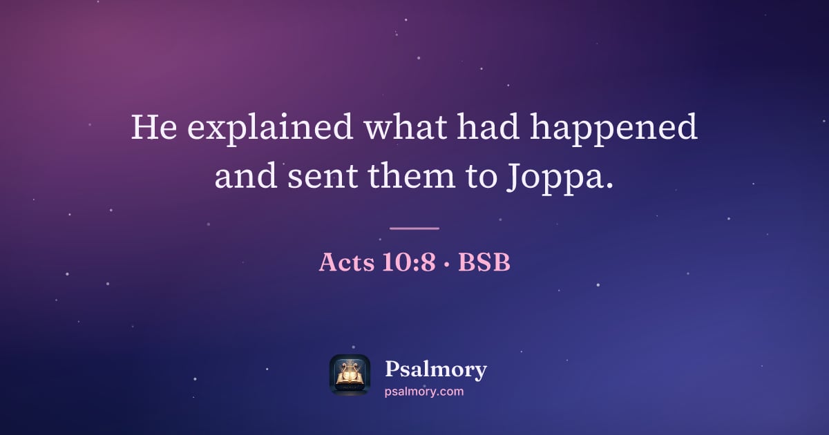 Acts 10:8 verse artwork: He explained what had happened and sent them to Joppa.