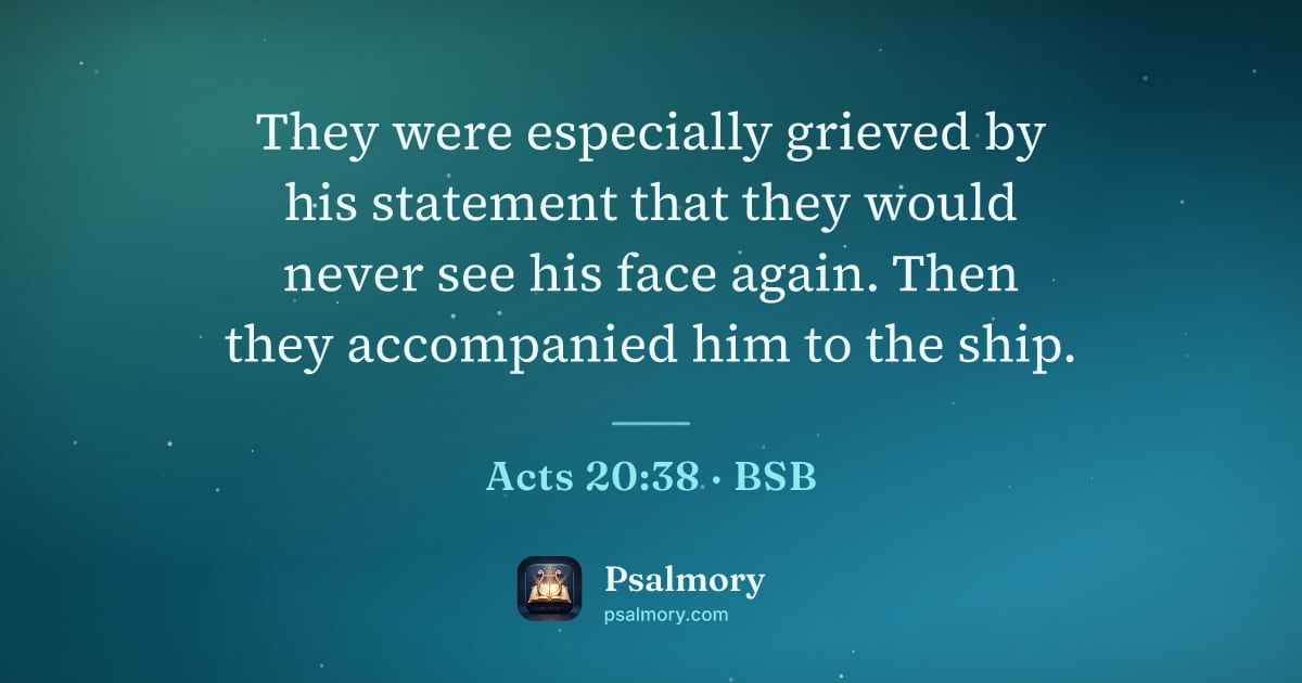 Acts 20:38 verse artwork: They were especially grieved by his statement that they would never see his face again.…