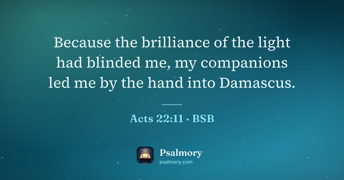 Acts 22:11 verse artwork: Because the brilliance of the light had blinded me, my companions led me by the hand…