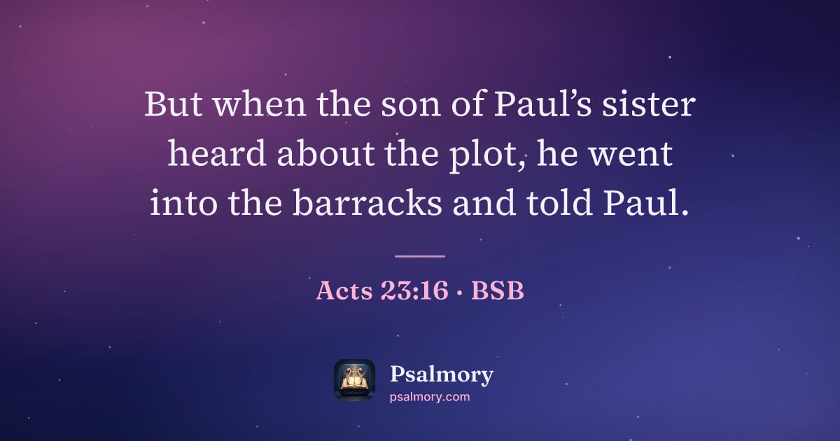 Acts 23:16 verse artwork: But when the son of Paul’s sister heard about the plot, he went into the barracks and…