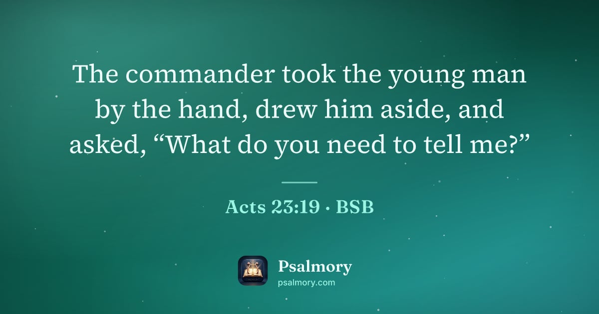 Acts 23:19 verse artwork: The commander took the young man by the hand, drew him aside, and asked, “What do you…