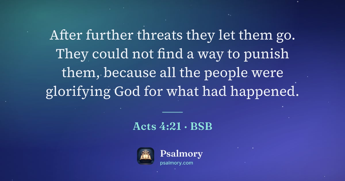 Acts 4:21 verse artwork: After further threats they let them go. They could not find a way to punish them,…