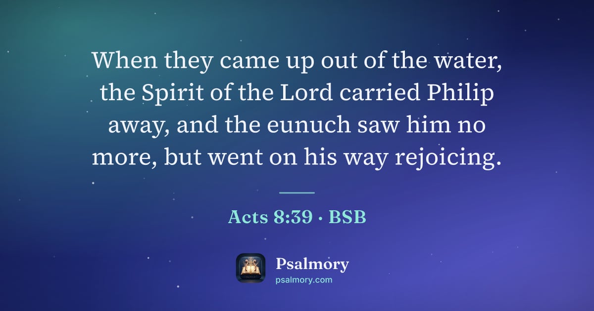 Acts 8:39 verse artwork: When they came up out of the water, the Spirit of the Lord carried Philip away, and the…