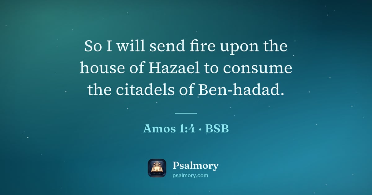 Amos 1:4 verse artwork: So I will send fire upon the house of Hazael to consume the citadels of Ben-hadad.
