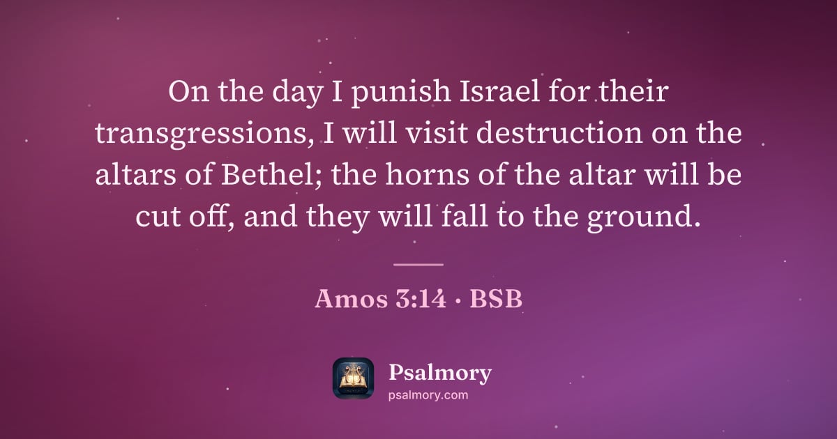 Amos 3:14 verse artwork: On the day I punish Israel for their transgressions, I will visit destruction on the…