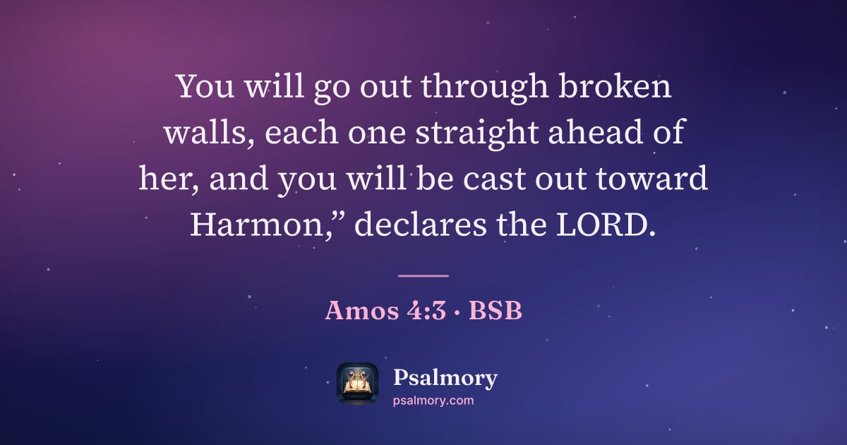Amos 4:3 verse artwork: You will go out through broken walls, each one straight ahead of her, and you will be…