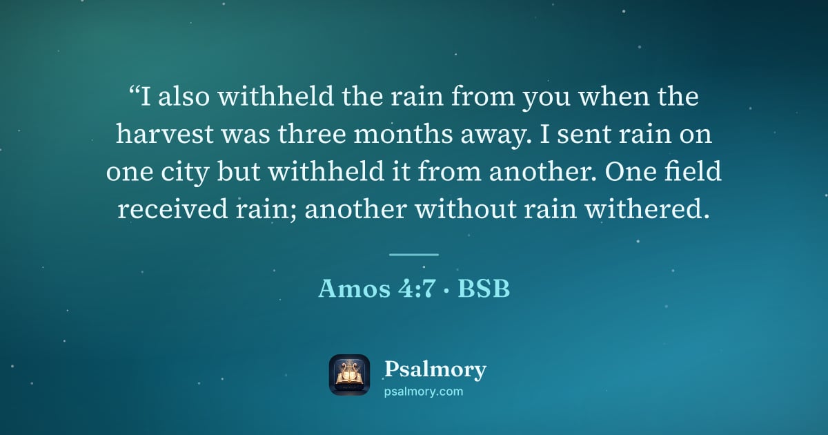 Amos 4:7 verse artwork: “I also withheld the rain from you when the harvest was three months away. I sent rain…
