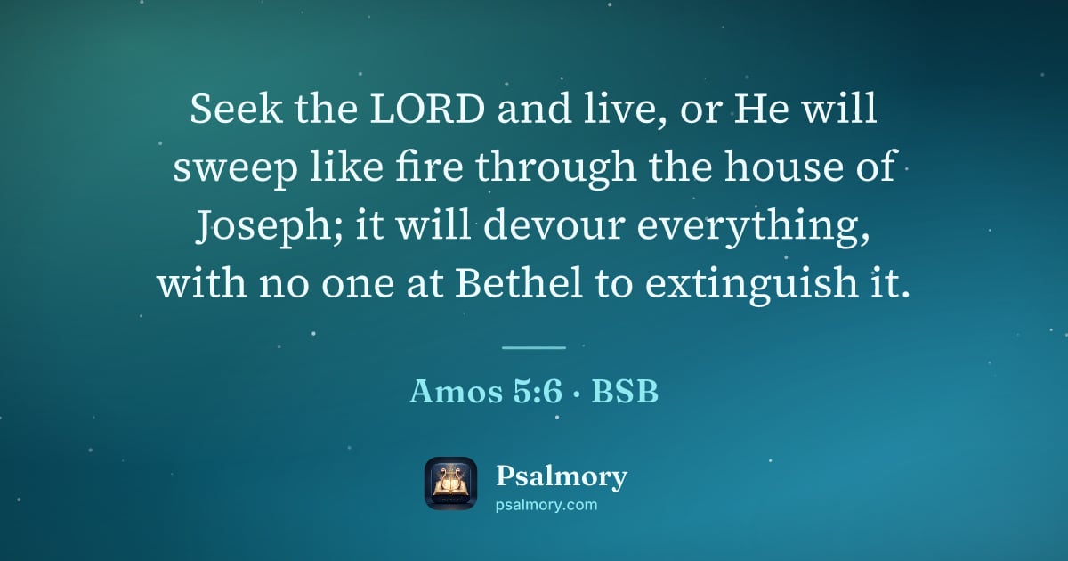 Amos 5:6 verse artwork: Seek the LORD and live, or He will sweep like fire through the house of Joseph; it will…