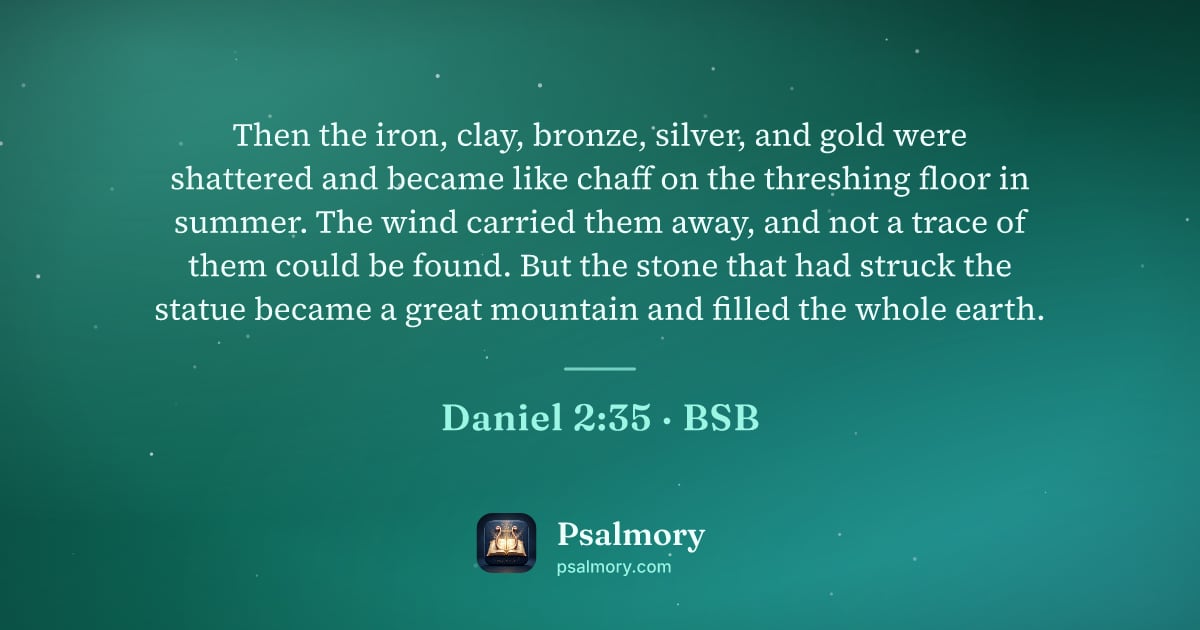 Daniel 2:35 verse artwork: Then the iron, clay, bronze, silver, and gold were shattered and became like chaff on…