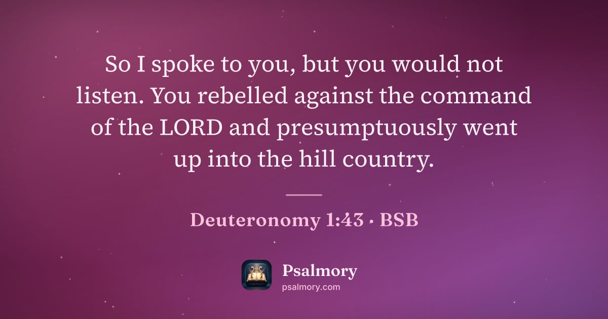 Deuteronomy 1:43 verse artwork: So I spoke to you, but you would not listen. You rebelled against the command of the…
