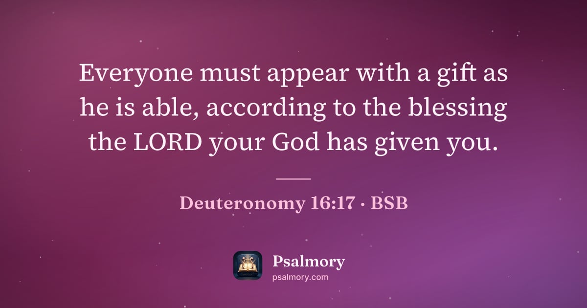 Deuteronomy 16:17 verse artwork: Everyone must appear with a gift as he is able, according to the blessing the LORD your…