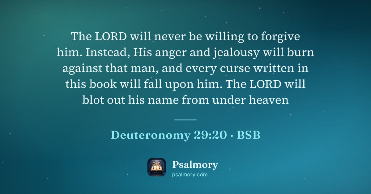 Deuteronomy 29:20 verse artwork: The LORD will never be willing to forgive him. Instead, His anger and jealousy will burn…
