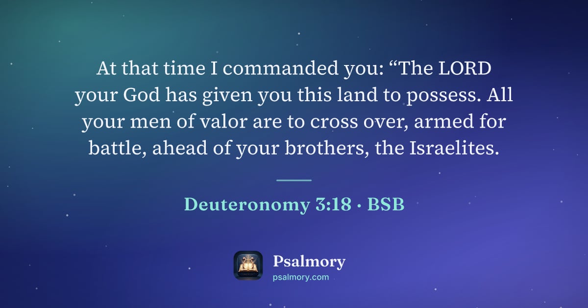 Deuteronomy 3:18 verse artwork: At that time I commanded you: “The LORD your God has given you this land to possess. All…