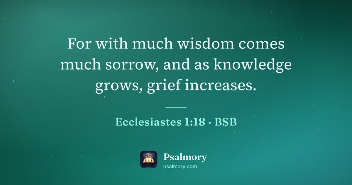 Ecclesiastes 1:18 verse artwork: For with much wisdom comes much sorrow, and as knowledge grows, grief increases.
