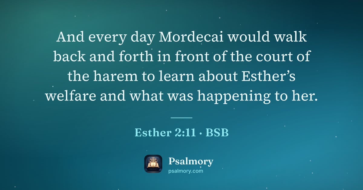 Esther 2:11 verse artwork: And every day Mordecai would walk back and forth in front of the court of the harem to…