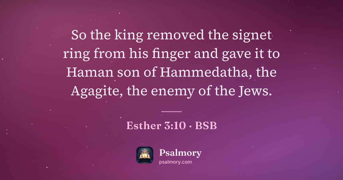 Esther 3:10 verse artwork: So the king removed the signet ring from his finger and gave it to Haman son of…