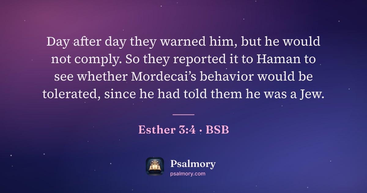 Esther 3:4 verse artwork: Day after day they warned him, but he would not comply. So they reported it to Haman to…