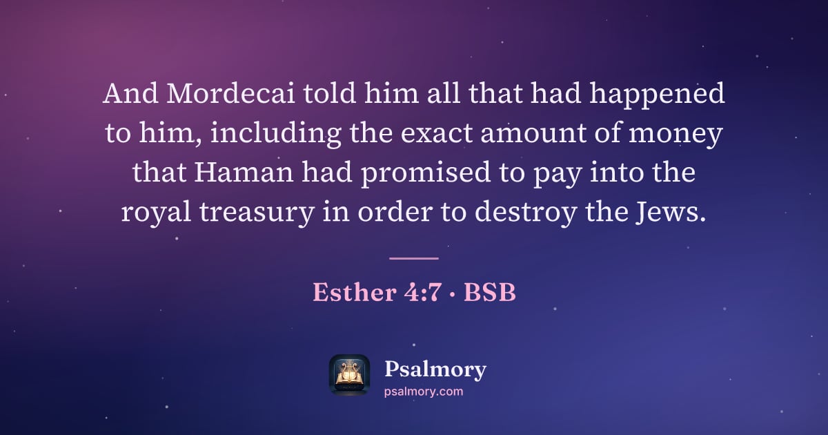 Esther 4:7 verse artwork: And Mordecai told him all that had happened to him, including the exact amount of money…