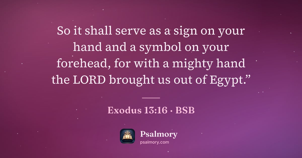 Exodus 13:16 verse artwork: So it shall serve as a sign on your hand and a symbol on your forehead, for with a…