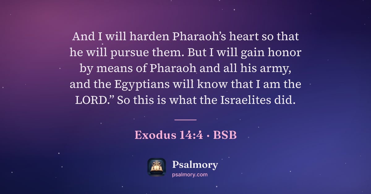 Exodus 14:4 verse artwork: And I will harden Pharaoh’s heart so that he will pursue them. But I will gain honor by…