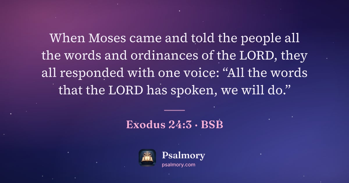 Exodus 24:3 verse artwork: When Moses came and told the people all the words and ordinances of the LORD, they all…