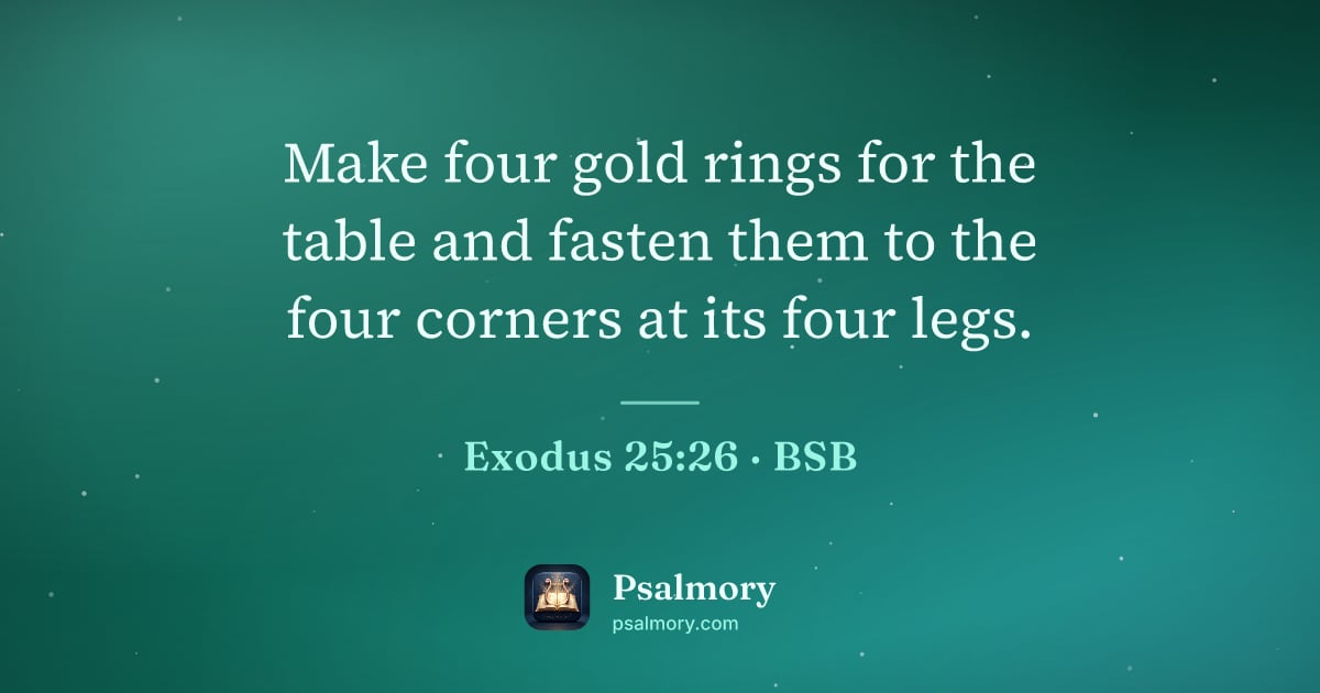 Exodus 25:26 verse artwork: Make four gold rings for the table and fasten them to the four corners at its four legs.