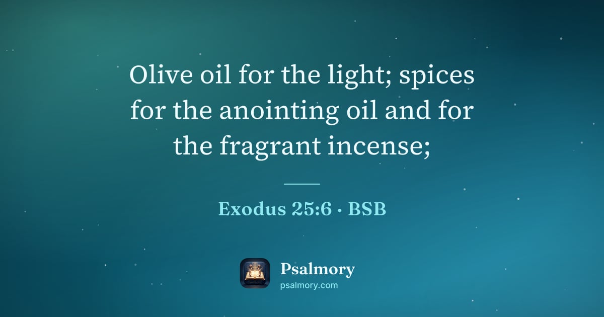Exodus 25:6 verse artwork: Olive oil for the light; spices for the anointing oil and for the fragrant incense;