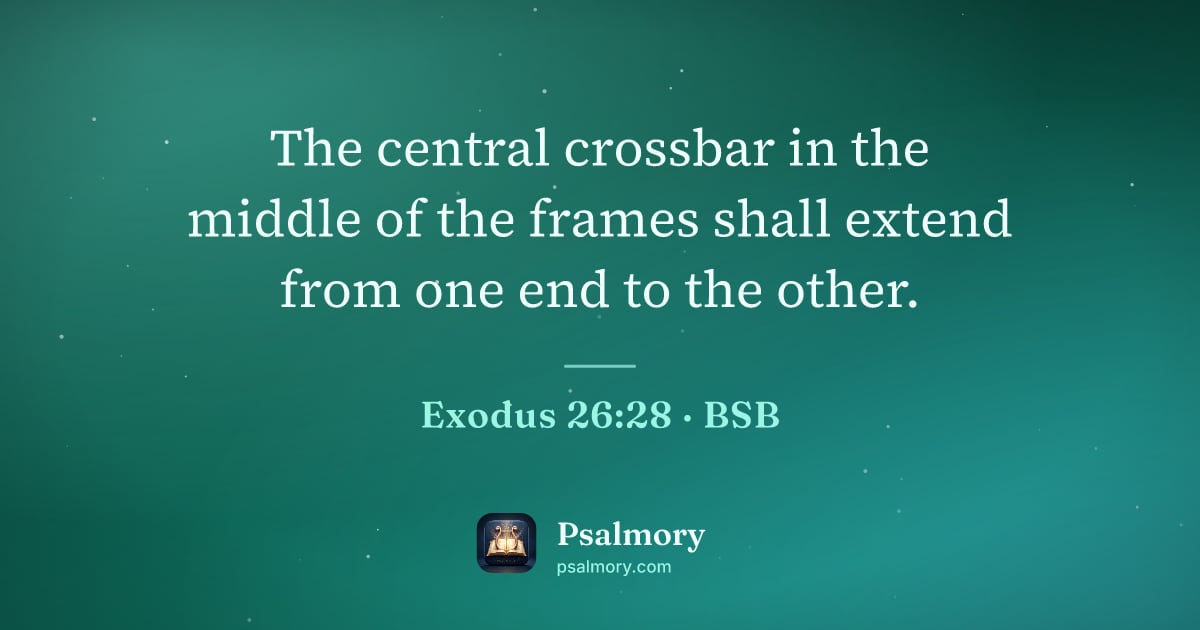 Exodus 26:28 verse artwork: The central crossbar in the middle of the frames shall extend from one end to the other.